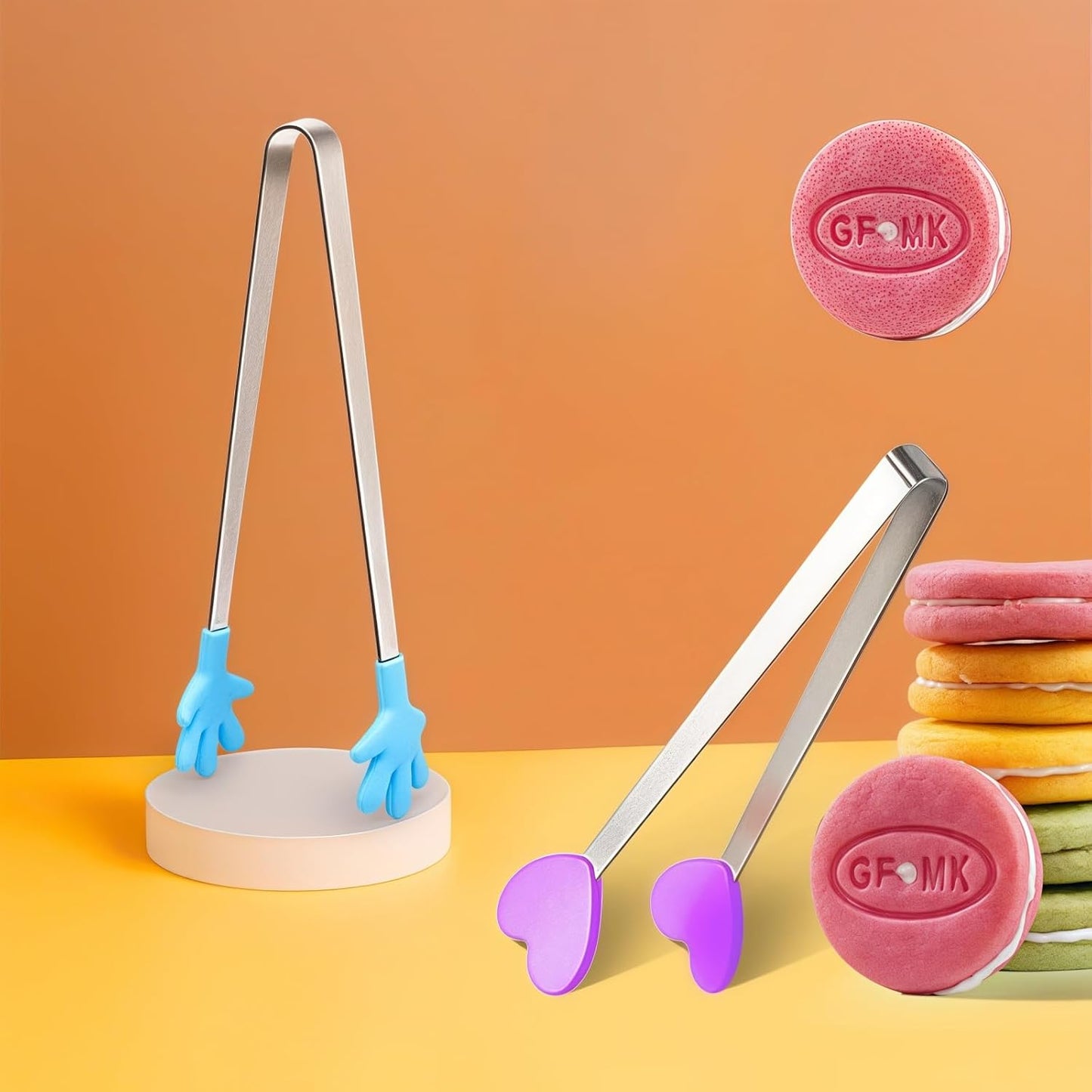 8PCS Mini Food Tongs, Small Stainless Steel Tongs with Silicone Tips, for Ice Cube, fruits, Sugar, Barbecue, 5.3 inch，8 Colors (Heart shape)