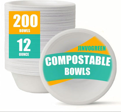 JINVOGREEN 200 Count 12 oz Paper Bowls, Disposable Compostable Bowls Bulk, Heavy Duty Biodegradable Bagasse Bowl for Snacks, Soup, and Salads, White