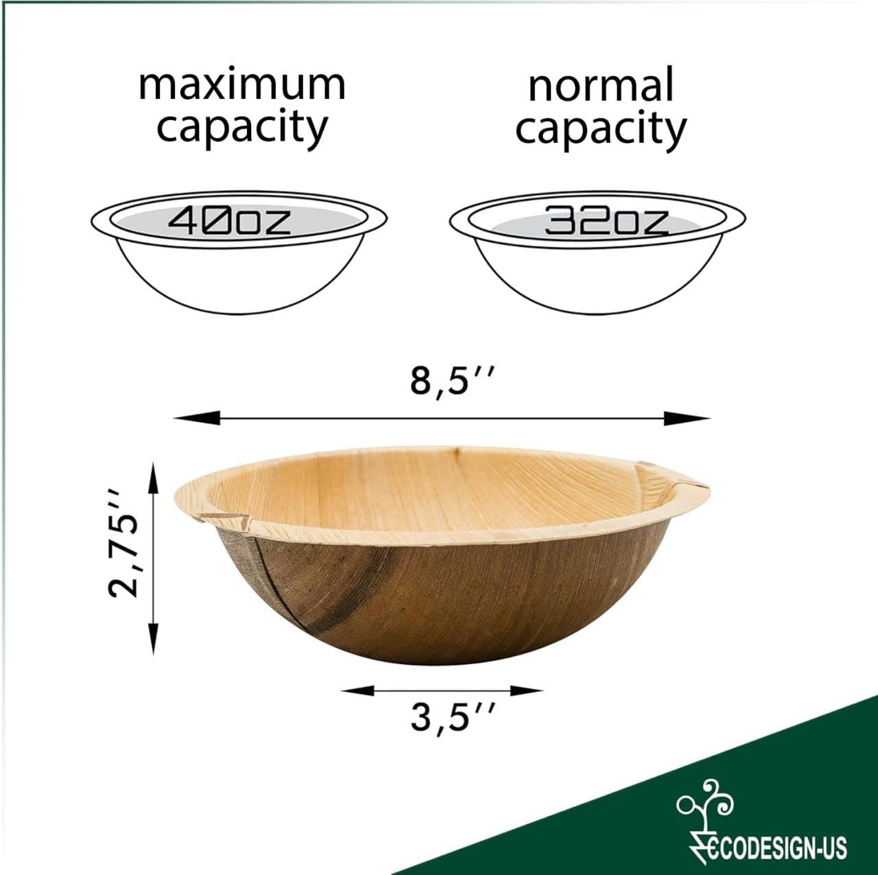 40 oz Palm Leaf Serving Bowls - 8 Natural Disposable Deep Bowls - Rustic-Style Dinnerware for Parties and Catering - Palm Leaf Alternative to Bamboo Plates