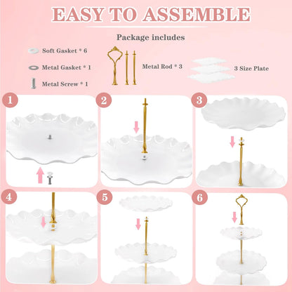 5 Pcs Dessert Table Display Set, White Plastic 2 Pcs Round 3 Tier Cupcake Stand Cup Cake Tower Stand with Metal Rod & 3 Pcs Serving Tray for Baby Shower, Tea Party, Wedding, Birthday Party