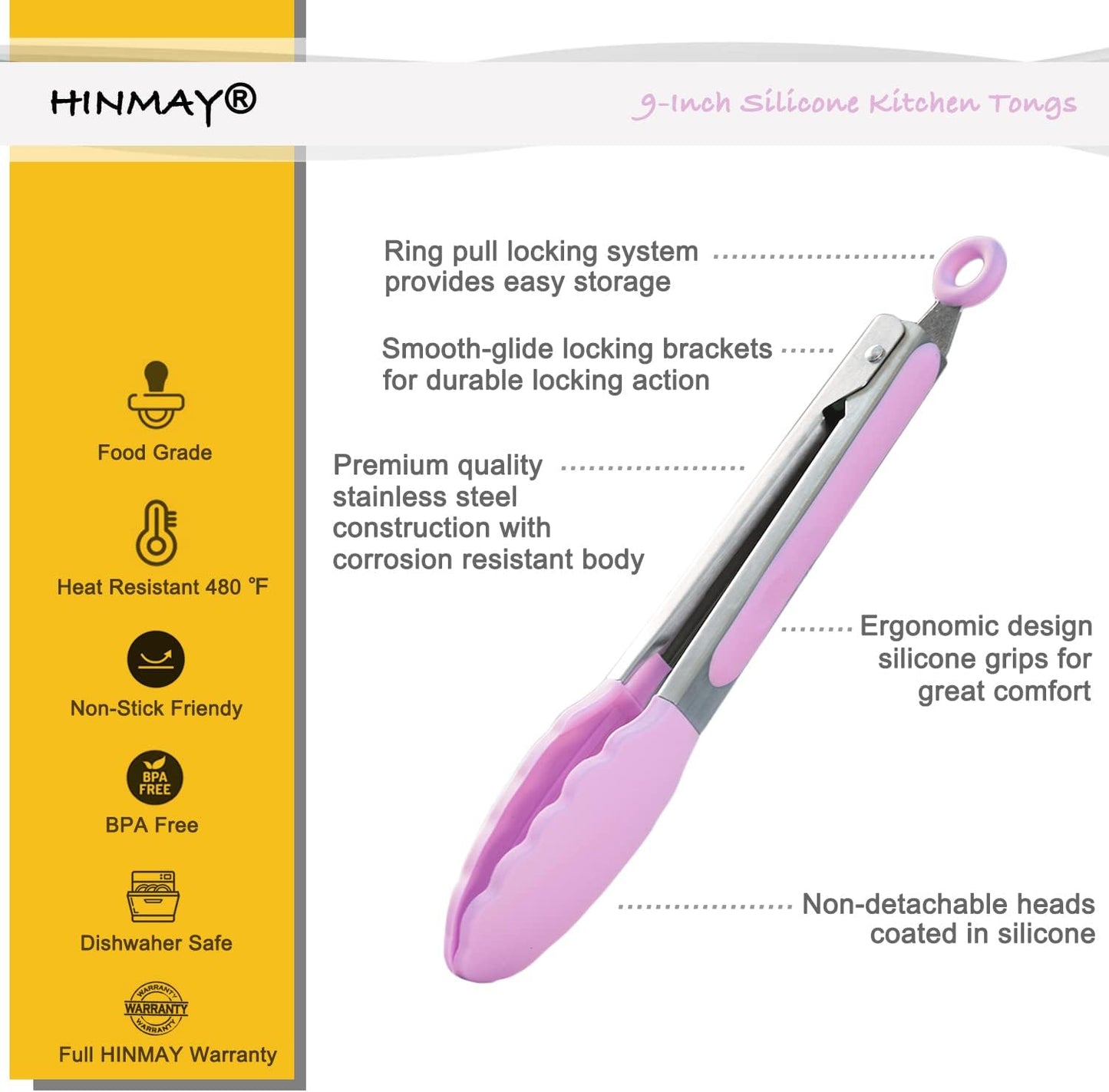 HINMAY Serving Tongs 9-Inch Cooking Tongs with Silicone Tips, Set of 3 (Black)