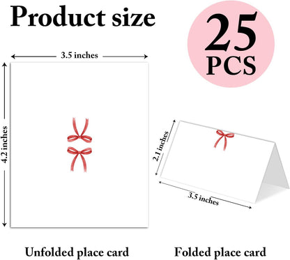 25 Pack Pink Plaid Bow Place Cards, Editable Name Cards for Table Setting, Tent Cards Food Label for Dinner Party, Bridal Shower, Wedding, Baby Shower and Events -T30