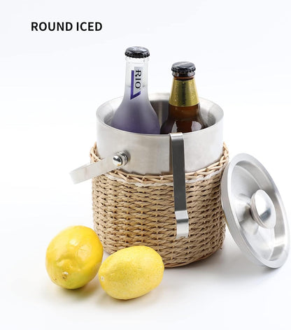 Handwoven 3L Stainless Steel Ice Bucket with Lid and Ice Tongs, Large Insulated Chilling Bucket Handcrafted Wicker Paper Rope for Party Wedding Home Bar Decor