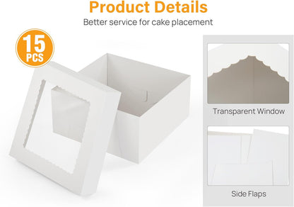 Kootek 15pcs Cake Boxes, 10x10x8 Inches Tall Cake Box with Window, White Bakery Boxes, Large Baking Boxes, Square Cardboard Cake Box for Multi-Layer Cakes, Cake Decorating Supplies for Gift Giving