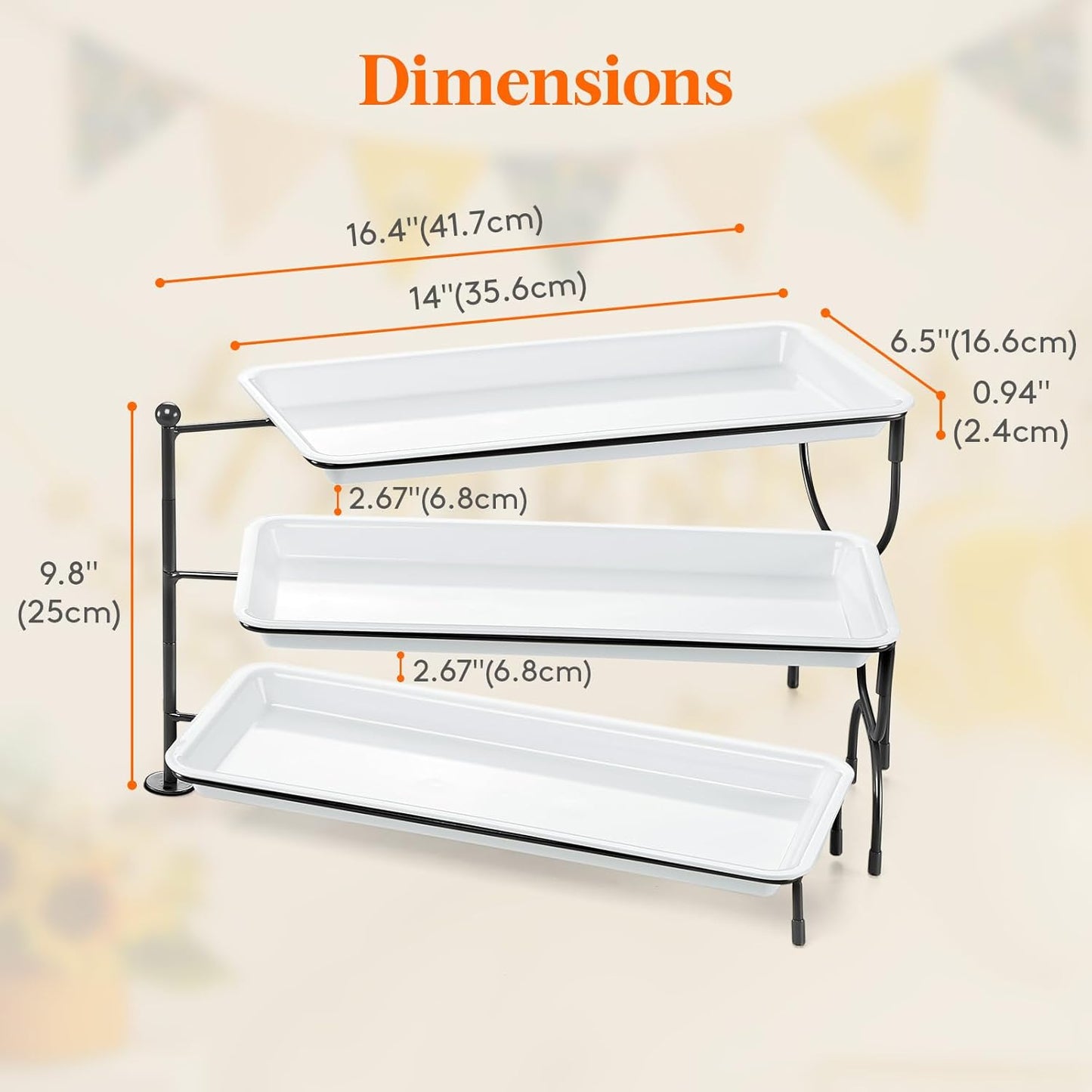 Lifewit 3 Tier Serving Tray, 30 x 17 cm/12 x 6.5" White Plastic Tiered Food Serving Platters, Tiered Tray Stand for Party with Black Collapsible Metal Stand, Dessert Display Stand for Cookies/Crackers