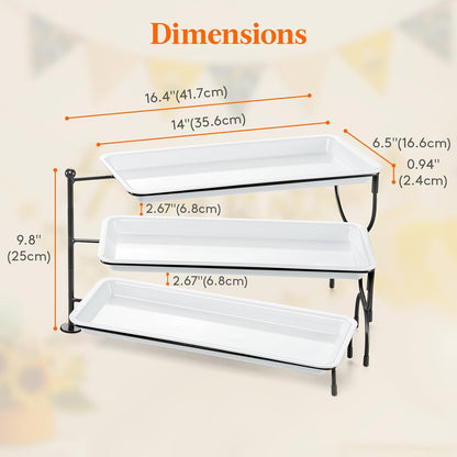 Lifewit 3 Tier Serving Tray, 30 x 17 cm/12 x 6.5" White Plastic Tiered Food Serving Platters, Tiered Tray Stand for Party with Black Collapsible Metal Stand, Dessert Display Stand for Cookies/Crackers