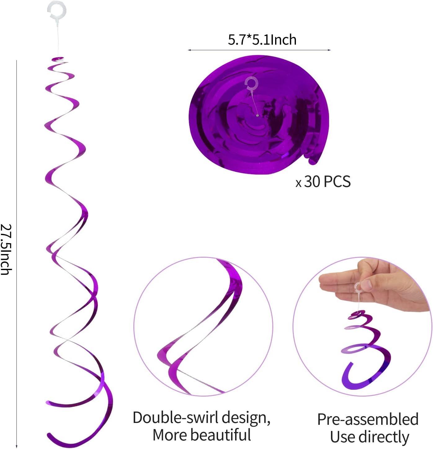 30 Pieces Iridescent White Hanging Swirls, Foil Swirl Hanging Decorations Plastic Steamers for Ceiling, Dangling Whirls Wedding Baby Shower Birthday Party Decorations