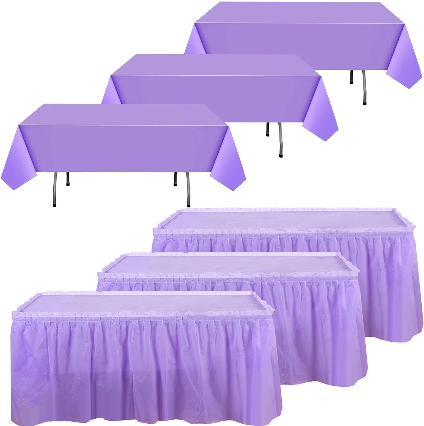 Oudain 6 Pcs Plastic Table Skirts and Stainproof Table Cloths 54 x 108 in Plastic Ruffle Tablecloth 168 x 29 Inches Disposable for Wedding Baby Shower Valentine Spring Easter Party(White)