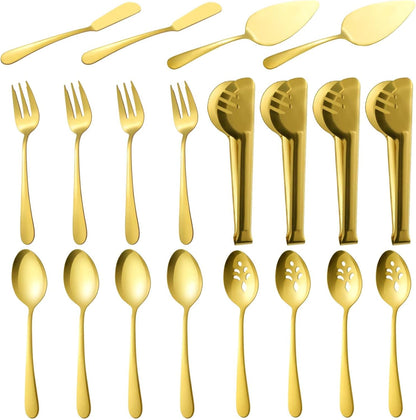 BEWOS Serving Utensils, 20-Piece Large Serving set, Serving Spoons, Slotted Spoons, Serving Tongs & Forks, Cake Server, Butter Knife, Stainless Steel Serving Utensils Set for Parties, Dishwasher Safe