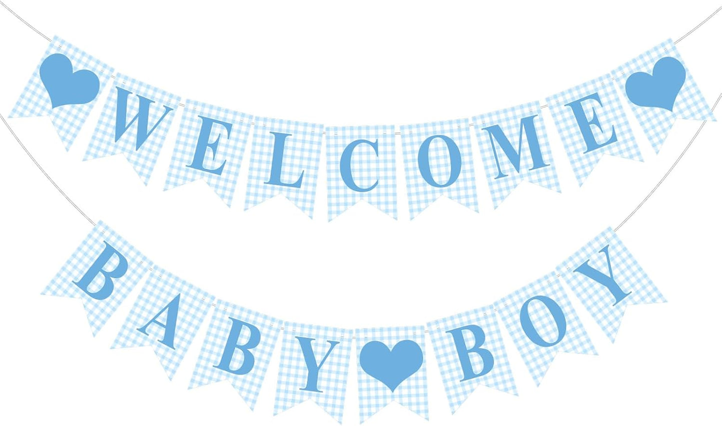 Hahafelt 1 Pcs Blue Gingham Welcome Baby Boy Banner for Baby Shower Party Decorations Pre Strung Gender Reveal Paper Banner for Table, Wall, Mantel Display Party Decor Supplies