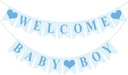 Hahafelt 1 Pcs Blue Gingham Welcome Baby Boy Banner for Baby Shower Party Decorations Pre Strung Gender Reveal Paper Banner for Table, Wall, Mantel Display Party Decor Supplies