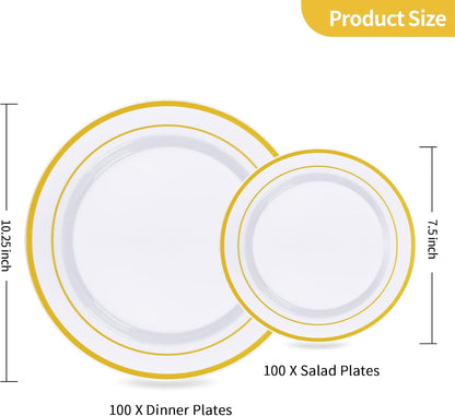 Goodluck 200PCS Gold Plastic Plates, Heavy Duty Disposable Gold Plates with 100 10.25 inch Dinner Plates and 100 7.5 inch Dessert Plates for Party, Holiday, Wedding, Thanksgiving
