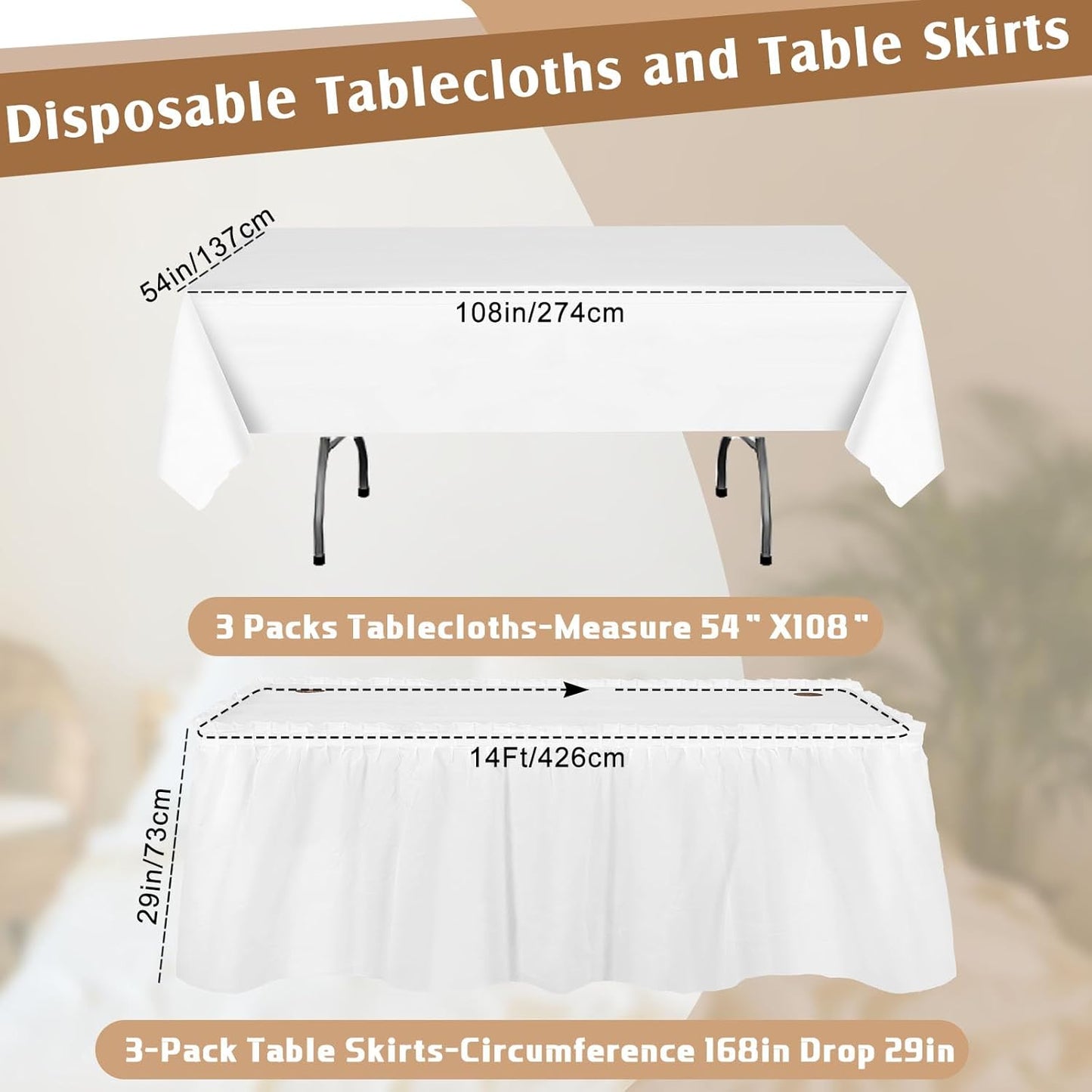 Oudain 6 Pcs Plastic Table Skirts and Stainproof Table Cloths 54 x 108 in Plastic Ruffle Tablecloth 168 x 29 Inches Disposable for Wedding Baby Shower Valentine Spring Easter Party(White)