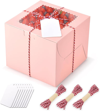 20Pcs 8 Inch Cake Boxes with Window, 8x8x5 Inches Brown Bakery Boxes, Cake Carrier Container for Pastries, Pie, Cookies, Chocolates, Cupcakes, Birthday Party, Wedding
