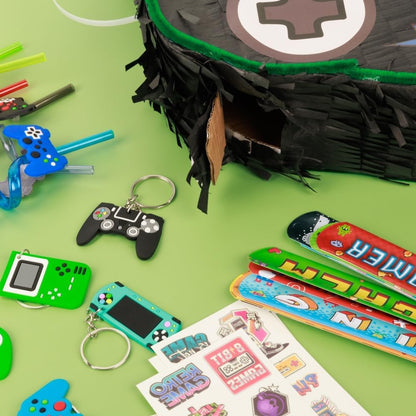 Video Game Pinata Set for Boy Kids Gamer Party with Controller Pinata, Straws, Bracelets, Stickers, Keychain, Confetti Tools for Party Decoration (Black)