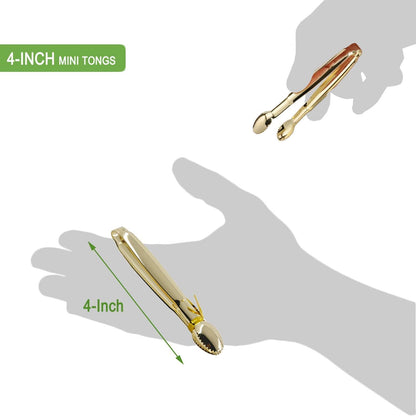 5.75" Mini Appetizer Tongs Set, Tiny Stainless Steel Small Tongs for Serving, Tea Party, Coffee Bar, Desserts, Set of 4 (Gold)