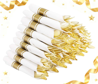 Supernal 240 Silver Plastic Silverware Set - 60 Sets Pre Rolled Napkins with Cutlery - Mirror Polished Real Look Disposable Silver Utensils- Elegant Heavy Duty Flatware for Weddings & Catering