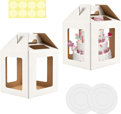 Cake Boxes - 2 Pack Tall Cake Box 10x10x12 Inch Disposable Layer Carrier with 6 Window Large Tierd Cake Out Transport Containers with Handle for Wedding, Birthday, Party