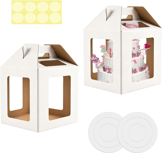 Cake Boxes - 2 Pack Tall Cake Box 10x10x12 Inch Disposable Layer Carrier with 6 Window Large Tierd Cake Out Transport Containers with Handle for Wedding, Birthday, Party