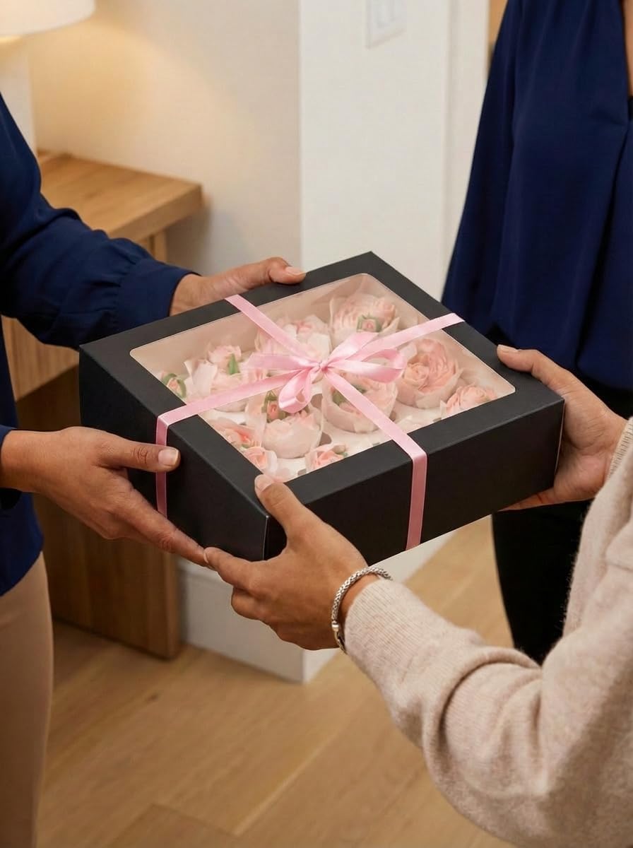 qiqee Auto-pop Up Cupcake Boxes with Window White 40PCS 12 Count Cupcake Box 13"x10"x3.5" Cupcakes Carrier, 12 Cupcake Containers with 2 rolls of pink ribbons
