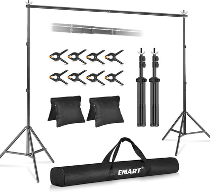 EMART Backdrop Stand 10x7ft(WxH) Photo Studio Adjustable Background Stand Support kit with 2 Crossbars, 8 Clamps, 2 Sandbags and Carry Bag for Parties, Events Decoration, Wedding, Photography -White