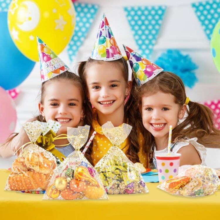100 Pcs Star Printed 5"X 7" Gift Wrap Cello Cellophane Treat Bags Party Favor bags Clear Candy Cookie Bag Plastic Poly Goodie Storage Bag with Twist Ties for Bakery,Birthday, Wedding ,Party Decorations (Gold)
