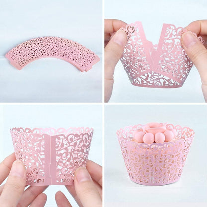 50 Pcs White Pearl Lace Laser Cut Filigree Wedding Cupcake Wrapper Baking Cake Cups Wraps Cupcake Muffin Case Trays for Special Occasions