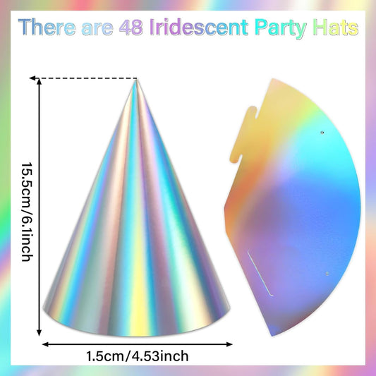 ZOIIWA 48 Pieces Iridescent Party Hats Rainbow Laser Themed Hat Birthday Party Cone Hats with Elastic String for Birthday Parties and Friend gatherings Rainbow Handmade Hat for Kids Baby Shower Boys
