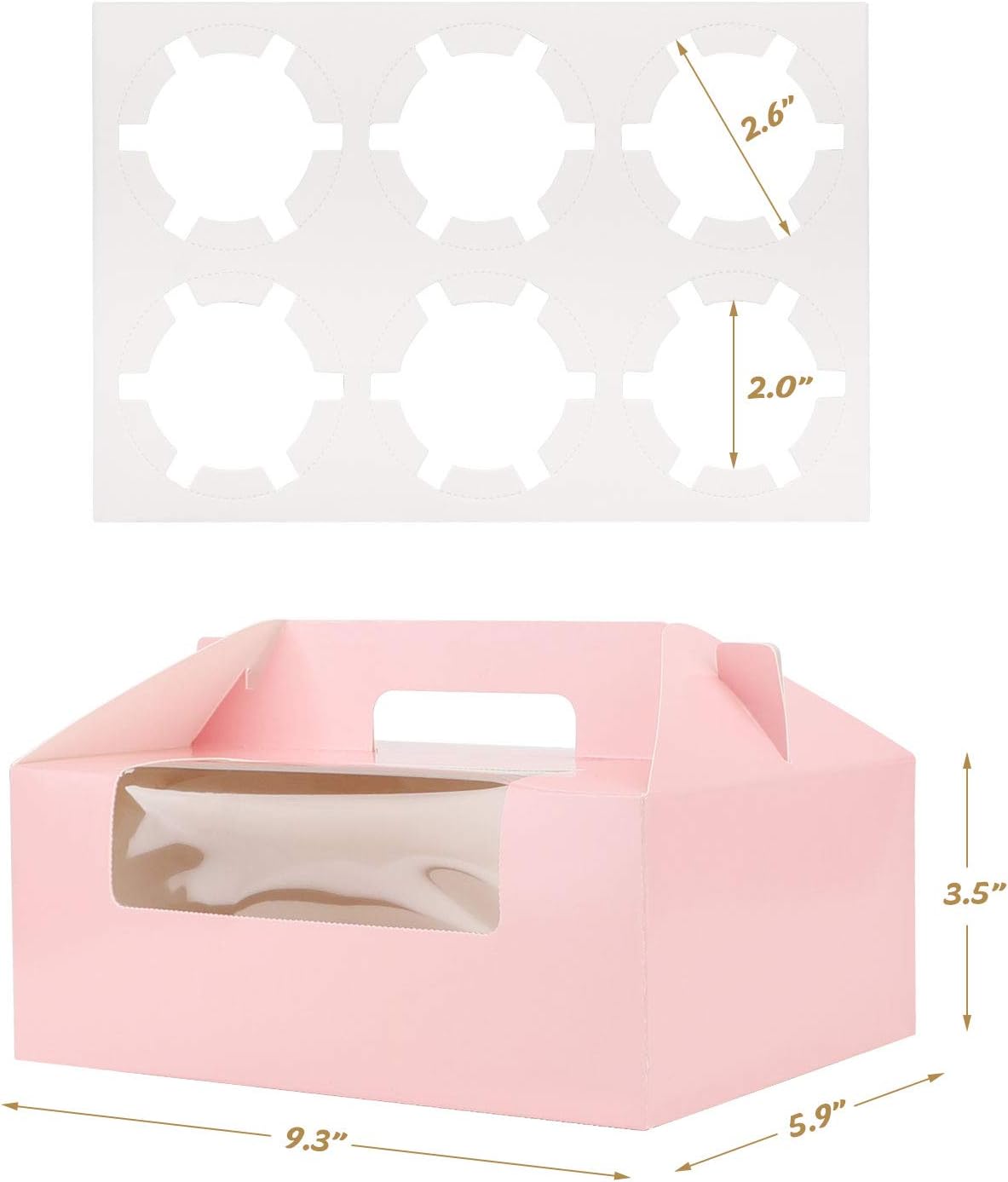 EUSOAR Gold Cupcake Boxes, 25pcs 3.6"x 3.6"x 4.3" Single Cupcake Carrier with Window Insert and Handle, Kraft Pastry Containers, Muffins Cupcake Carriers for Bakery Wrapping Party Favor Packing