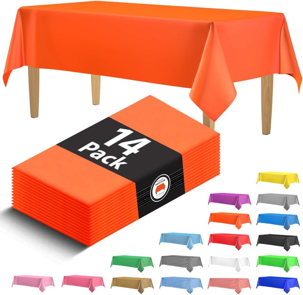 14 Pack Black 54 x 108 in. Rectangle Disposable Plastic Tablecloths - Smooth Decorative Covers for Parties, Weddings