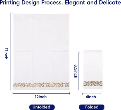 JOLLY CHEF 100 Disposable Hand Towels, Soft and Absorbent Linen Feel Dinner Napkin, Elegant Decorative Paper Guest Towels for Kitchen, Bathroom,Thanksgiving, Weddings,Parties, Gold and White