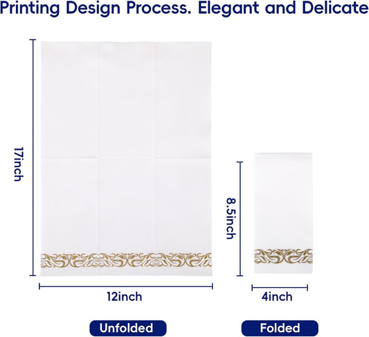JOLLY CHEF 100 Disposable Hand Towels, Soft and Absorbent Linen Feel Dinner Napkin, Elegant Decorative Paper Guest Towels for Kitchen, Bathroom,Thanksgiving, Weddings,Parties, Gold and White