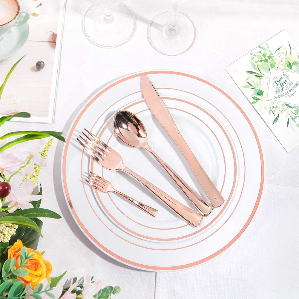 WDF300 Pieces Gold Plastic Silverware - Heavy Duty Disposable Cutlery Set Plastic Gold Silverware Set Includes 100 Forks, 100 Spoons, 100 Knives for Party Baby Shower Wedding Spring