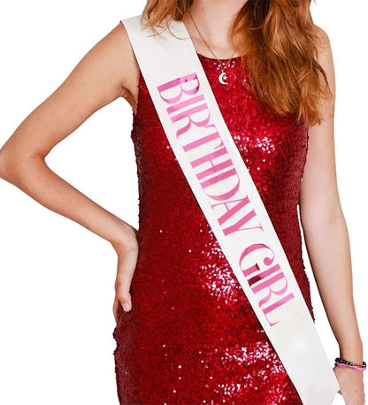 Birthday Girl Sash, Pink Foil White Birthday Sash for Girl Sweet 16th 18th 20th 21st 30th Fun Birthday Party Gifts Favors Decorations