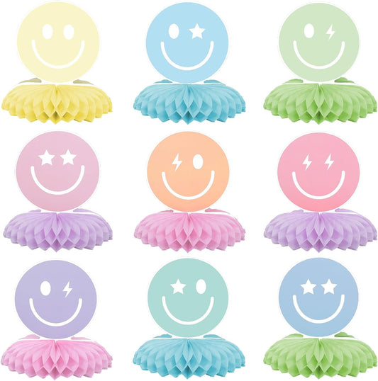 Whaline 9Pcs Smile Face Honeycomb Centerpieces Pastel Smile Face Tabletop Signs Cute Tiered Tray Decor for Birthday Bachelorette Party Home Kitchen Table Decor