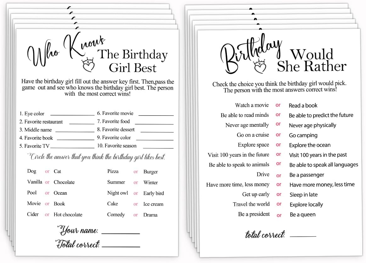 Birthday Party Cards for Girl, Birthday Games Card, Would She Rather Game Cards Set, Birthday Supplies Activity Decorations for Adult Girl, Set of 30 Game Cads
