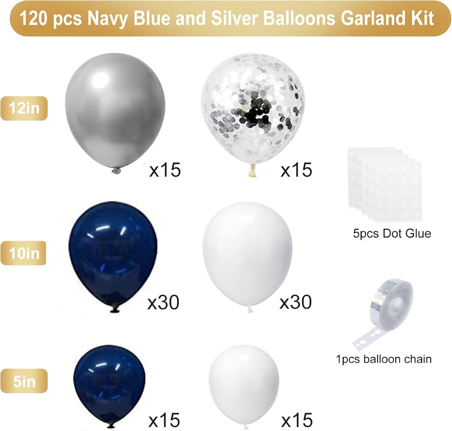 Navy Blue Gold Balloons Garland Kit, 120 pcs Navy and Gold Confetti White Balloons Arch for Graduation Birthday Party Baby Shower DIY Decoration