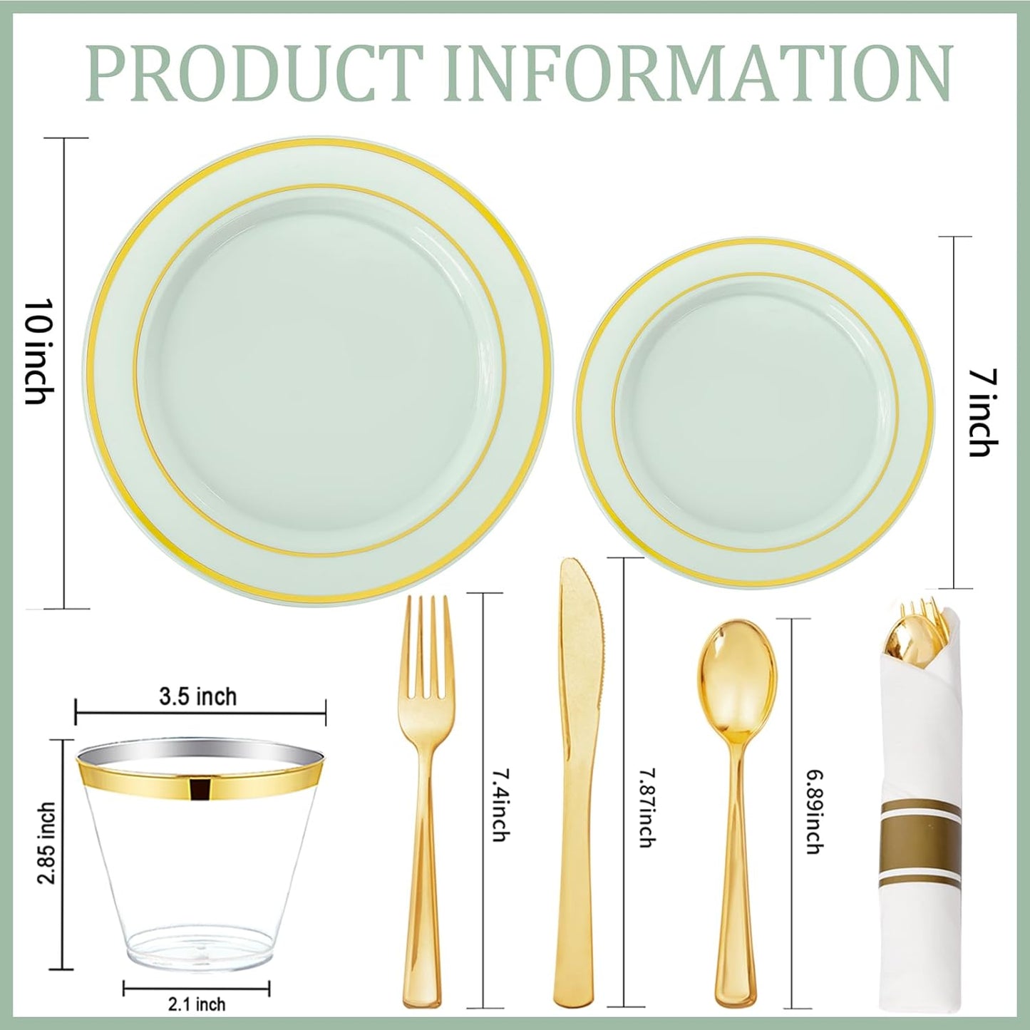 350 Pieces Black and Gold Plastic Plates with Disposable Silverware, Include 50 Dinner Plates 9”, 50 Dessert Plates 6.3”, 50 Black Cups 9 OZ, 50 Pre Rolled Napkins for Wedding Party Graduation