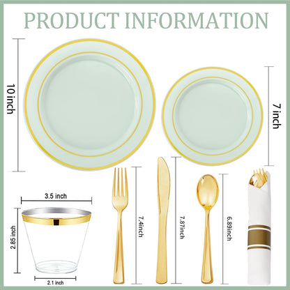 350 Pieces Black and Gold Plastic Plates with Disposable Silverware, Include 50 Dinner Plates 9”, 50 Dessert Plates 6.3”, 50 Black Cups 9 OZ, 50 Pre Rolled Napkins for Wedding Party Graduation