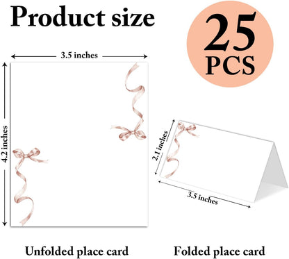 25 Pack Pink Plaid Bow Place Cards, Editable Name Cards for Table Setting, Tent Cards Food Label for Dinner Party, Bridal Shower, Wedding, Baby Shower and Events -T30