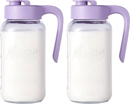 Mason Jar Pitcher - Airtight & Leakproof Glass Pitcher with Lid, Perfect for Breastmilk, Cold Brew, and Sun Tea, 2 Quart (64 oz) 1/2 Gallon Mason Jar with Pour Spout Lid