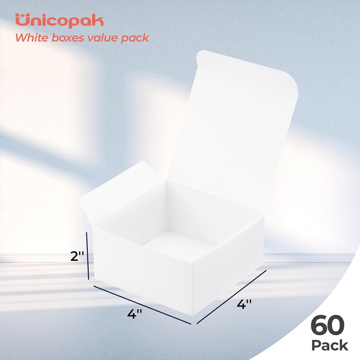 UnicoPak 20 Pack 4x4x2 White Small Gift Boxes - Food Grade Cardboard Treat Boxes for Candy, Fudge, Cookies - Small Square Boxes for Ornaments, Jewelry Trinkets, Party Favors, Small Business Packaging