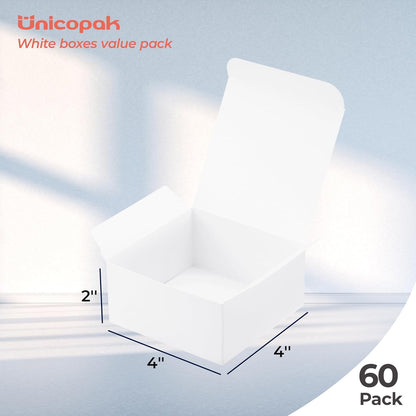 UnicoPak 20 Pack 4x4x2 White Small Gift Boxes - Food Grade Cardboard Treat Boxes for Candy, Fudge, Cookies - Small Square Boxes for Ornaments, Jewelry Trinkets, Party Favors, Small Business Packaging