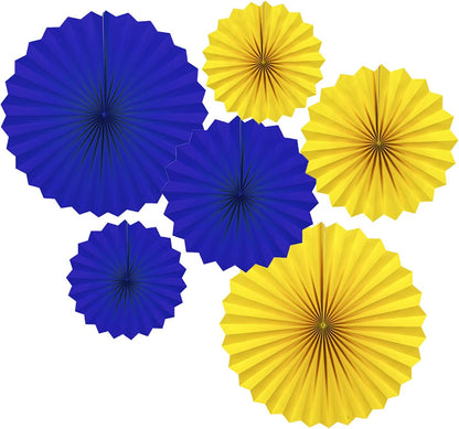 Navy Blue and Yellow Round Party Hanging Paper Fans Decorations Set, Pack of 6