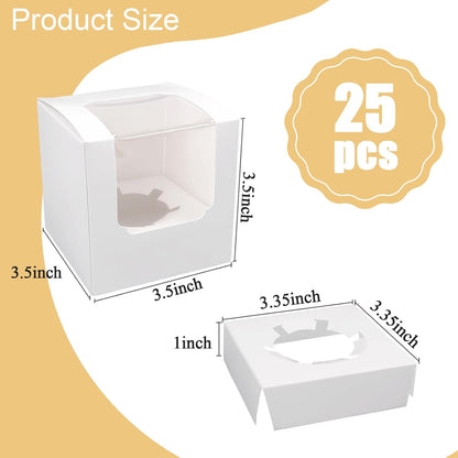25 Pack Cupcake Boxes, White Paper Containers with Transparent Window and Built-in Dividers, Foldable 3.5"x3.5"x3.5" Cake Holders for Wedding and Party Favorsb