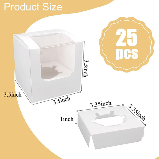 25 Pack Cupcake Boxes, White Paper Containers with Transparent Window and Built-in Dividers, Foldable 3.5"x3.5"x3.5" Cake Holders for Wedding and Party Favorsb