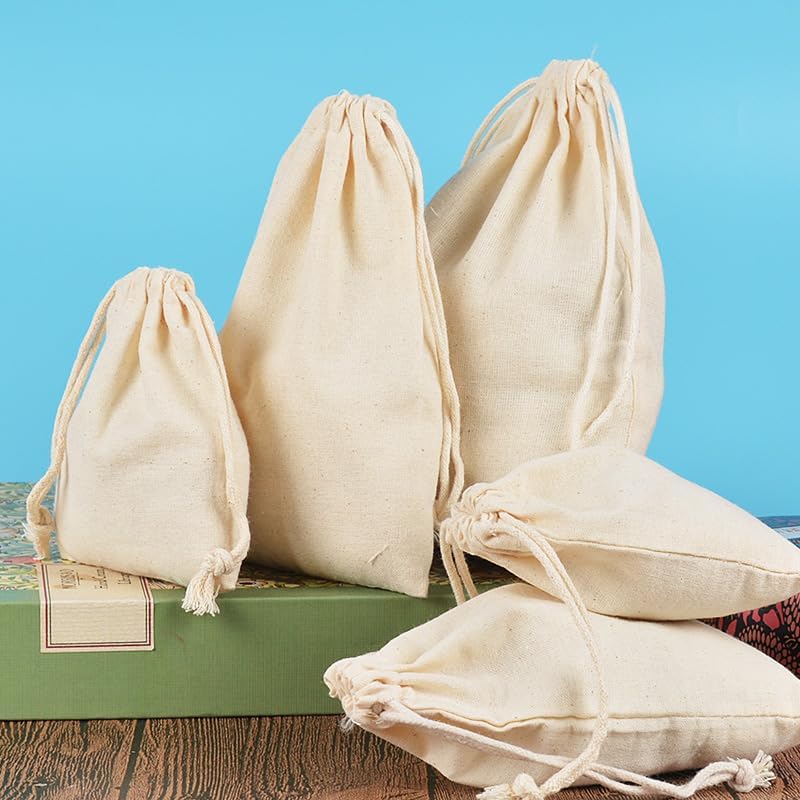gobyhumm 50 Pieces Pure Cotton Drawstring Bags Muslin Bags Sachet Bag for Home Supplies （2.8 * 3.5"）