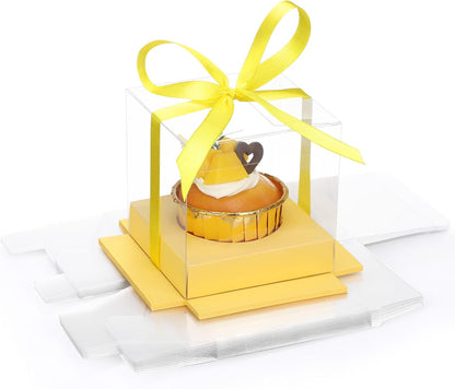 EUSOAR Individual Cupcake Holder, 50pcs 3.5 Inch Plastic Black Cupcake Containers with Lids, Single Transparent Display Clear Cupcake Carrier with Ribbon and Inserts for Wedding Party Favor