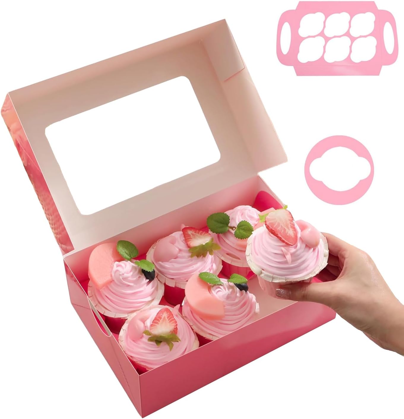 25 Pink Cupcake Boxes, Cupcake Boxes 6 Count with Window and Inserts, Mother's Day Cupcake Holders for Cupcakes, Muffins, Cookies