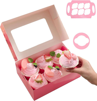25 Pink Cupcake Boxes, Cupcake Boxes 6 Count with Window and Inserts, Mother's Day Cupcake Holders for Cupcakes, Muffins, Cookies